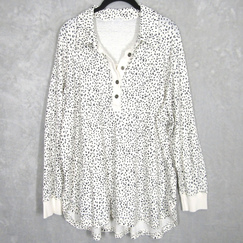 Jane & Delancey Shirt Top Women's 1X White Black Speckled Long Sleeve Collared